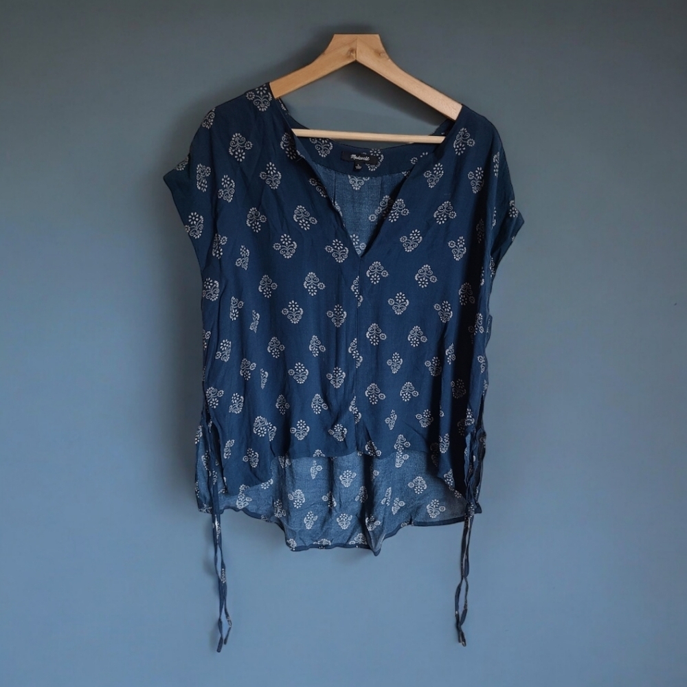 Madewell Womens Blue Print Cap Sleeve Side Tie Short Sleeve  Top L